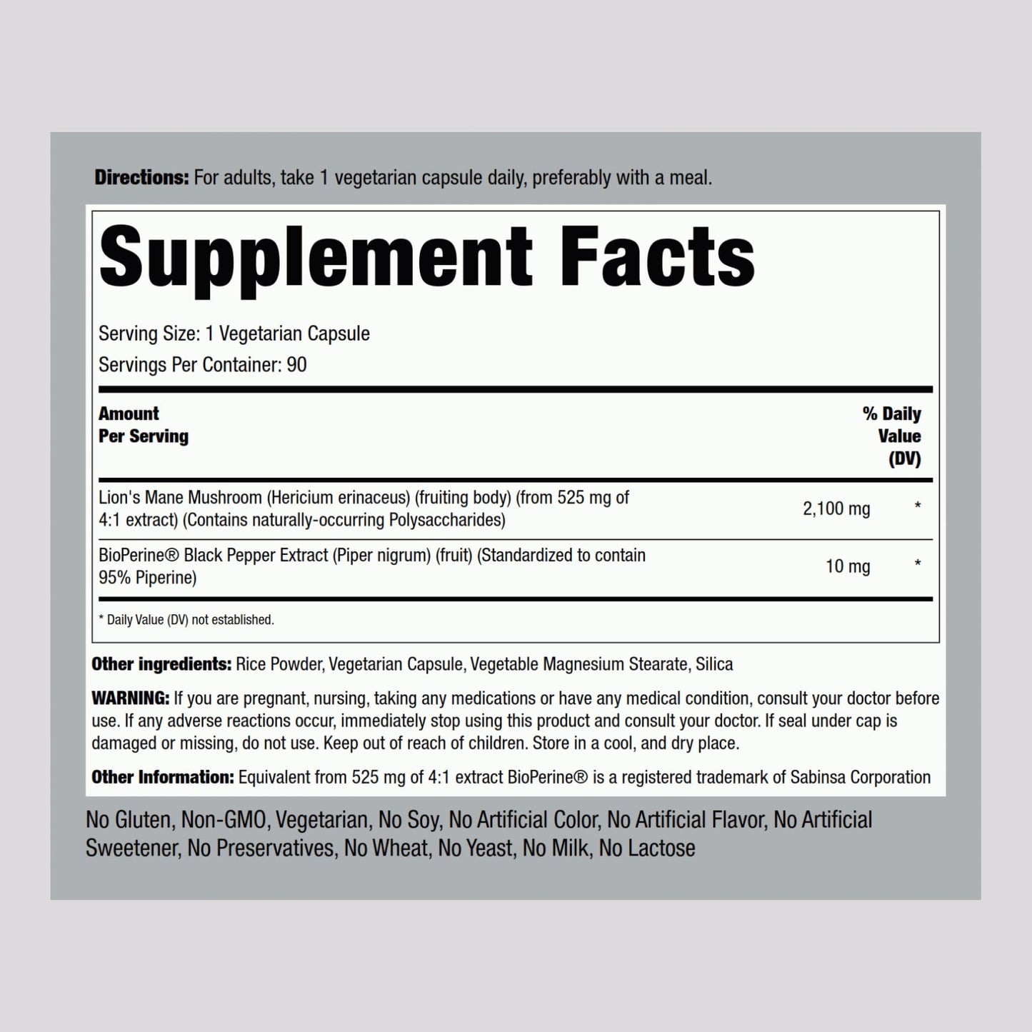 Piping Rock Lions Mane Mushroom Supplement Capsules 90 Capsules