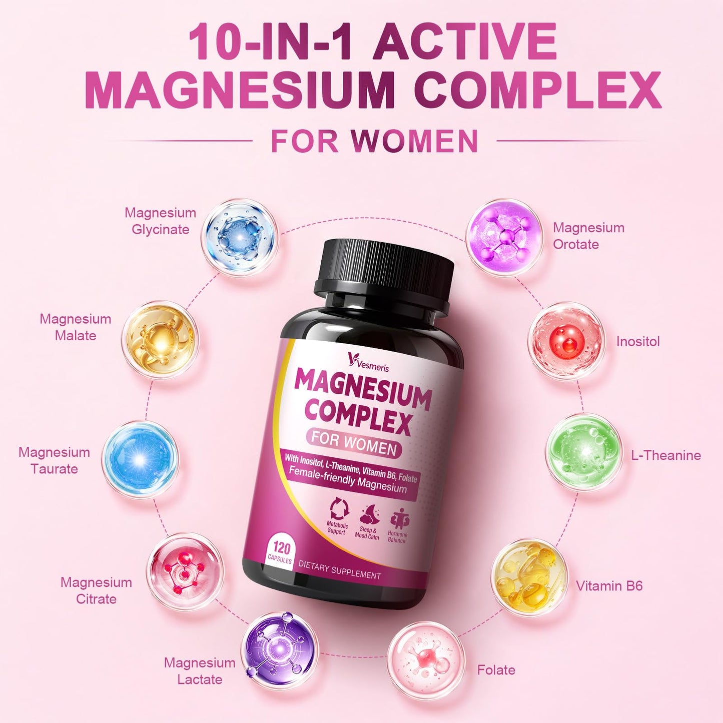Vesmeris Magnesium Complex for Women, 10 in 1 Magnesium Blend with Magnesium Glycinate, Vitamin B6, Myo-Inositol, L-Theanine, Folate – Relax, Muscle Support, Calm Mood & Hormone Balance, Vegan, 120 Capsules