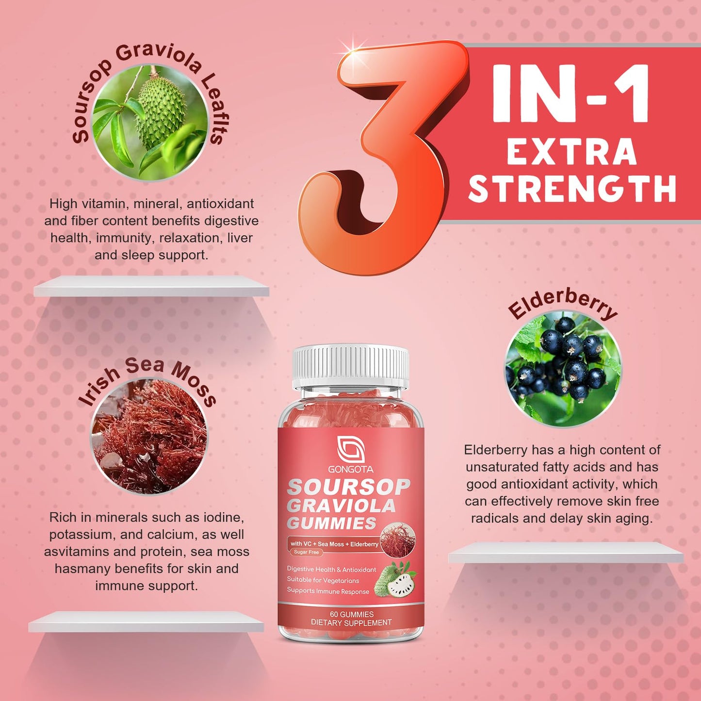 GONGOTA Soursop Graviola Gummies 2200mg Extra Soursop Leaves Extract, Elderberry & Sea Moss & Zn - Digestive, Immune, Antioxidant & Overall Health Support, Gluten Free, Vegan, 60 Gummies