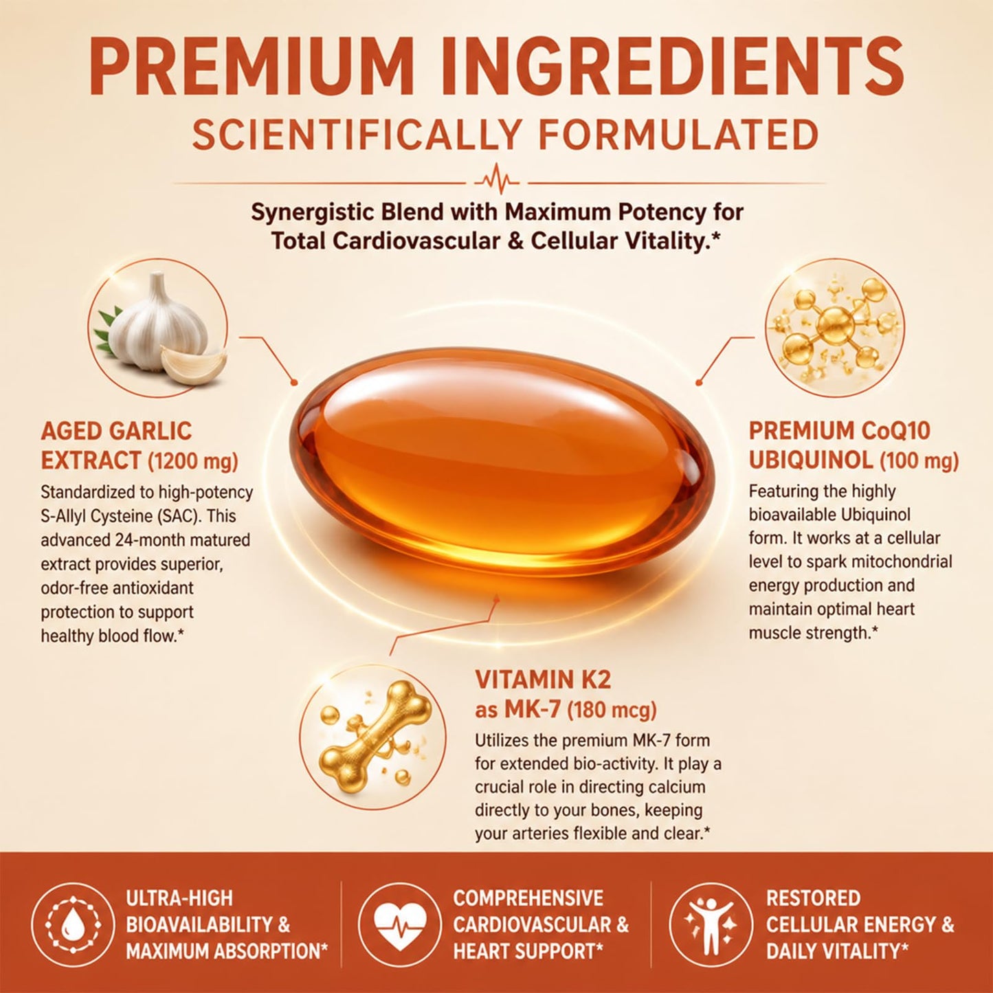 Adeqauom Aged Garlic Extract Softgels 1200 mg Odorless with CoQ10 Ubiquinol & Vitamin K2, 2 Years Aged Matured Standardized for S-Allyl Cysteine, Heart & Immune Antioxidant Supplements, 120 Softgels