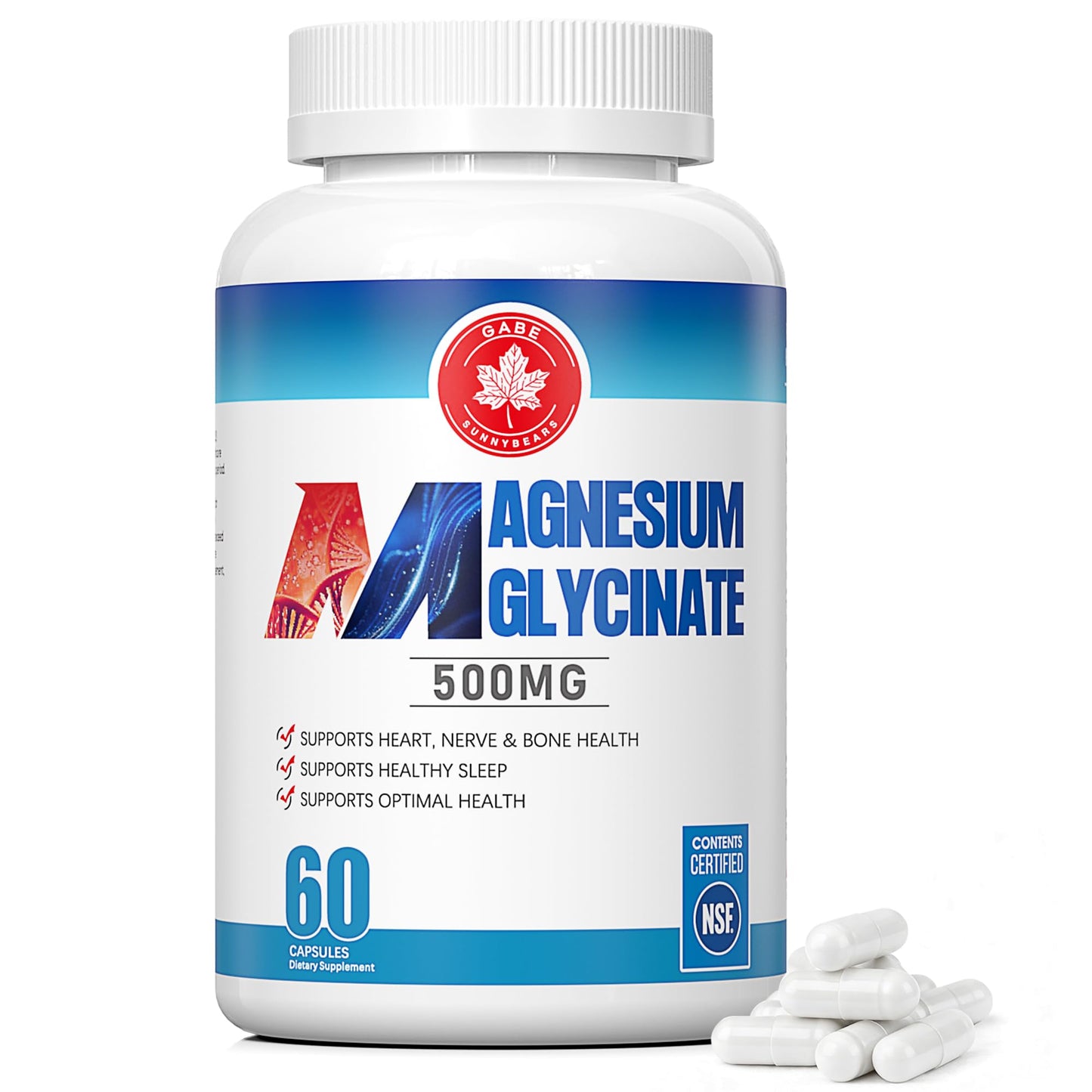 GABE SUNNYBEARS Magnesium Glycinate 500mg – NSF Certified – with B6 & B12, for Sleep, Relaxation & Muscle Support – Gentle on the Stomach for Men & Women, 60 Capsules