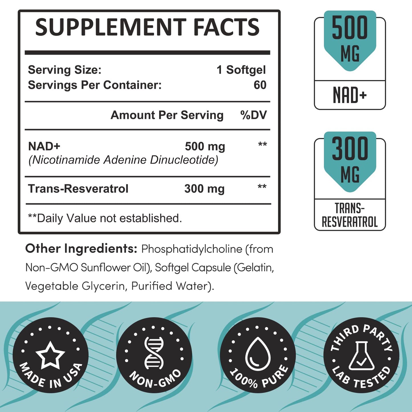 Rhameph Liposomal NAD+ 800 mg with Trans-Resveratrol 300 mg Softgel, 60 Count