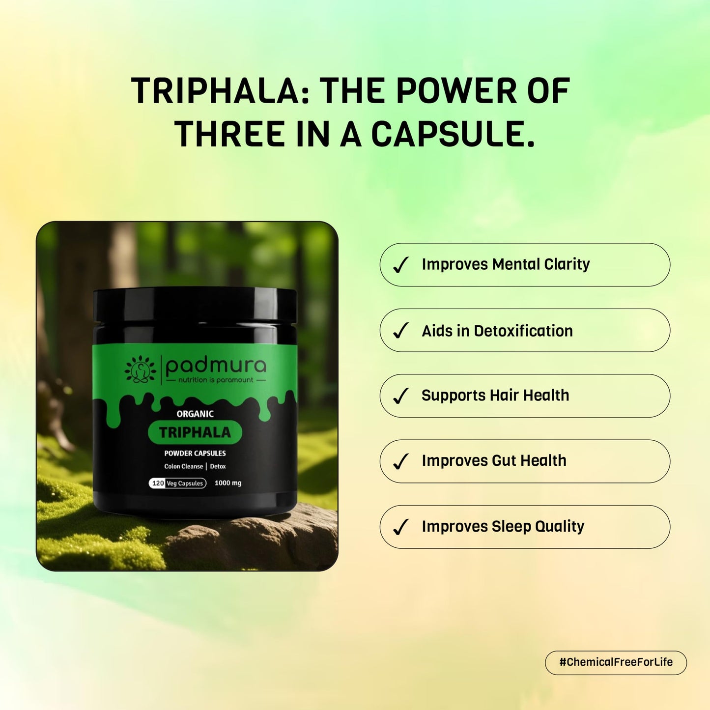PADMURA Organic Triphala Powder Capsules 1000mg, 120 Veg Capsules
