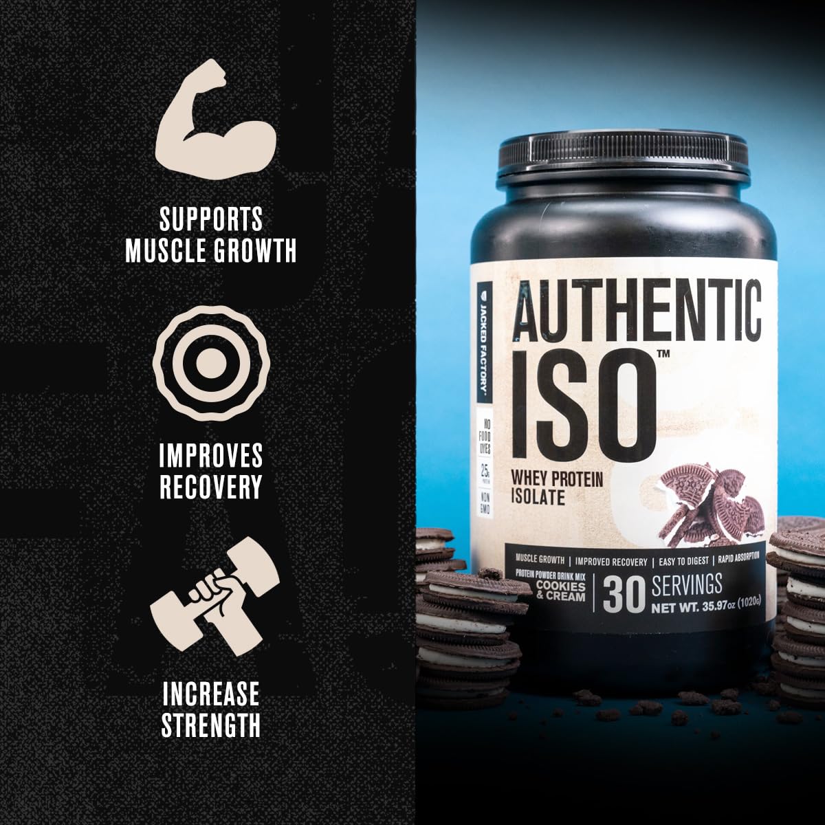 Jacked Factory ISO Whey Protein Isolate Powder Cookies & Cream, 30 Servings
