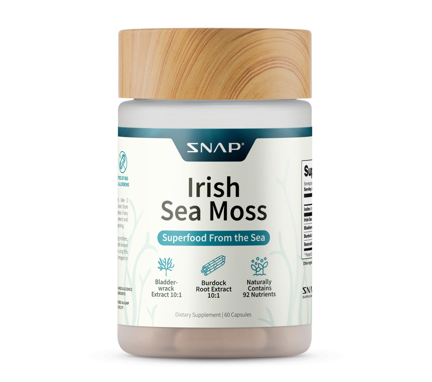 Snap Supplements Irish Sea Moss with Bladderwrack, Burdock Root & Iodine – Natural Sea Moss Supplement to Support Gut Health, Energy & Healthy-Looking Skin, 60 Capsules