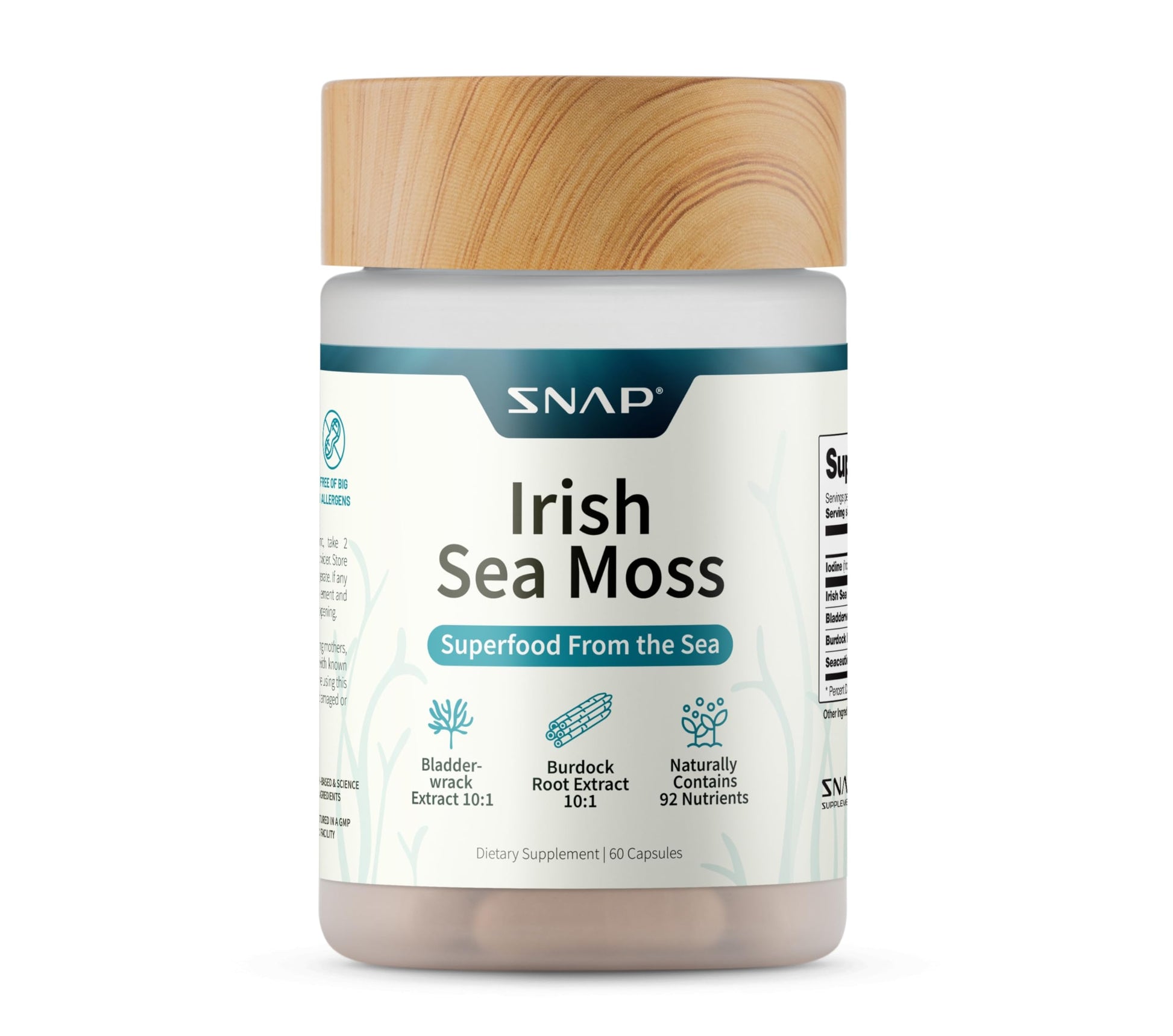 Snap Supplements Irish Sea Moss with Bladderwrack, Burdock Root & Iodine – Natural Sea Moss Supplement to Support Gut Health, Energy & Healthy-Looking Skin, 60 Capsules