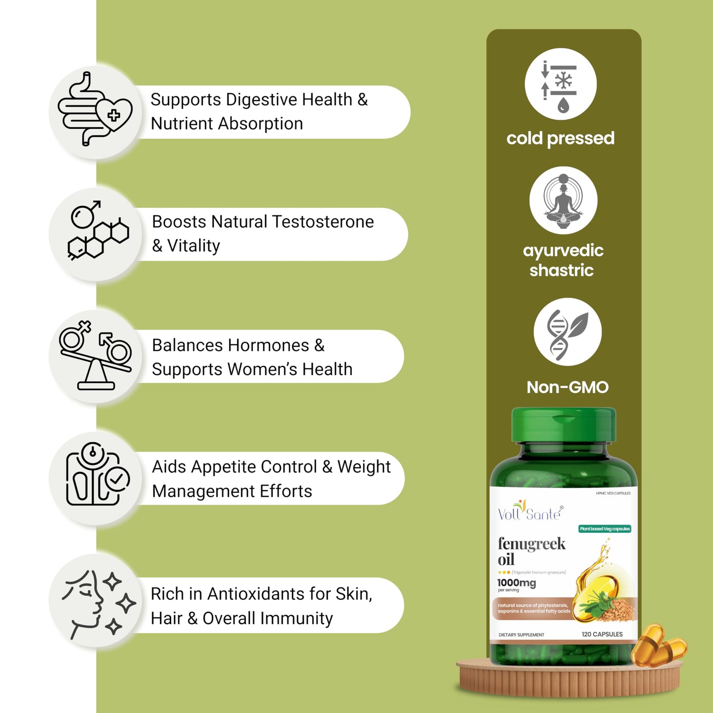 Voll Santé Fenugreek Seed Oil Capsule 1000 mg Per Serving, HPMC Plant-Based Veg Capsules, Non-GMO, Ayurvedic Supplement, Natural Source of Phytosterols, Saponins & Essential Fatty Acids, 120 Capsules