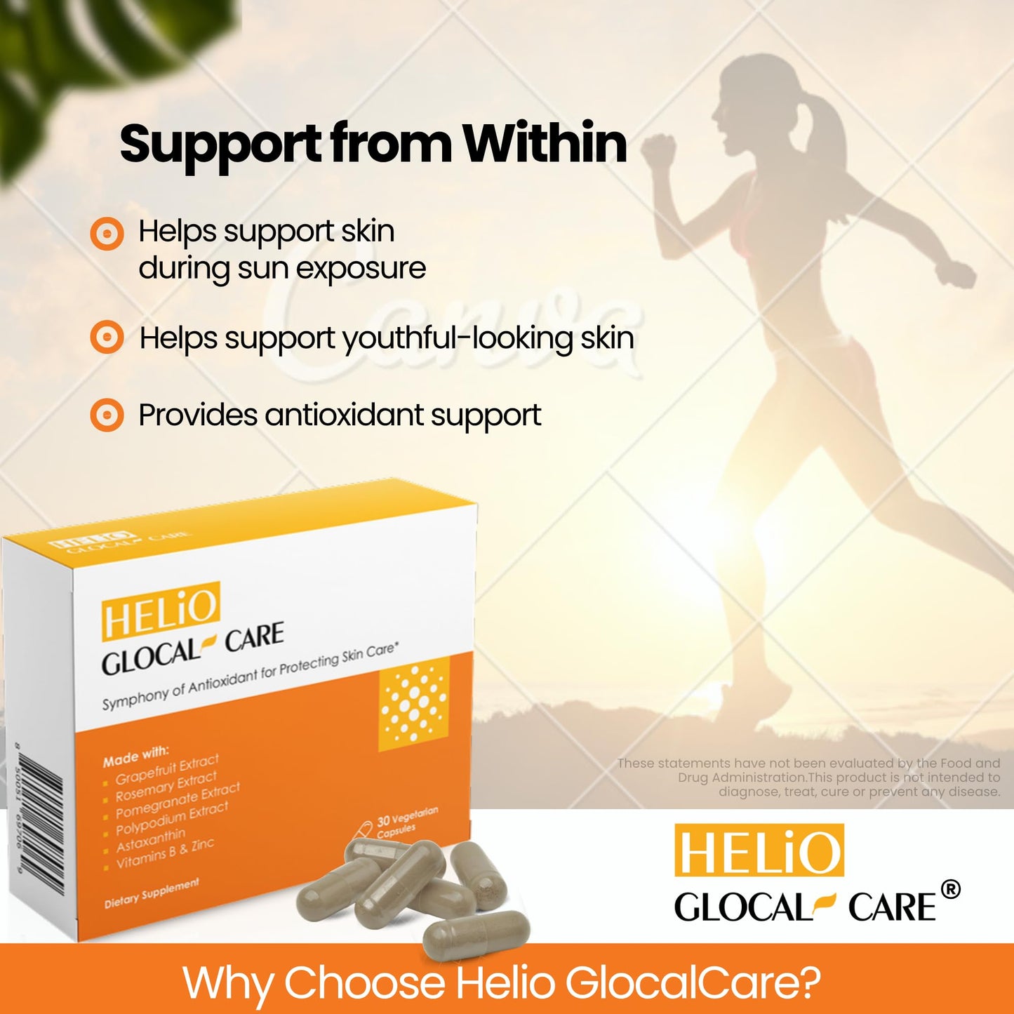 GlocalCare Helio Antioxidant Supplement for Skin Health & Radiance with Polypodium, Nutroxsun, Astaxanthin & Pomegranate Extract - Supports Youthful-Looking Skin, 30 Capsules