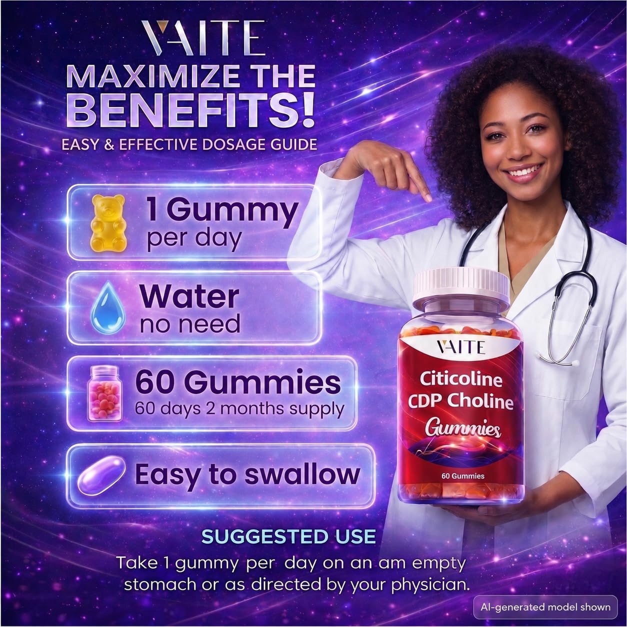 VAITE Citicoline 1000mg – CDP Choline for Brain Support, Memory, Focus & Mental Performance – 60 Gummies