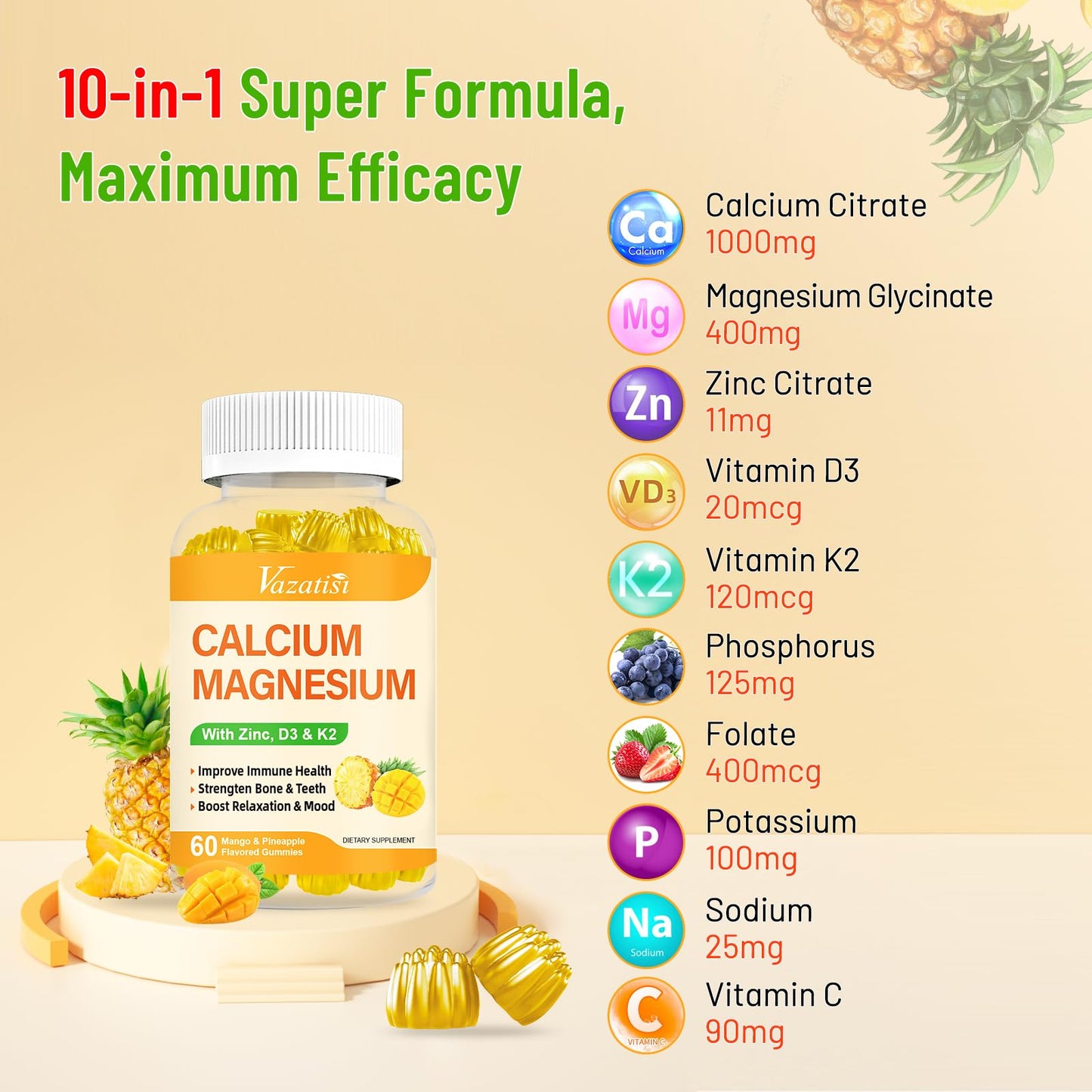 Vazatisi Calcium Magnesium Zinc Gummies with Vitamin D3 and K2, High Absorption Magnesium Glycinate Potassium for Immune Support and Calm Mood, Vegan Mango Pineapple Flavor, 120 Gummies