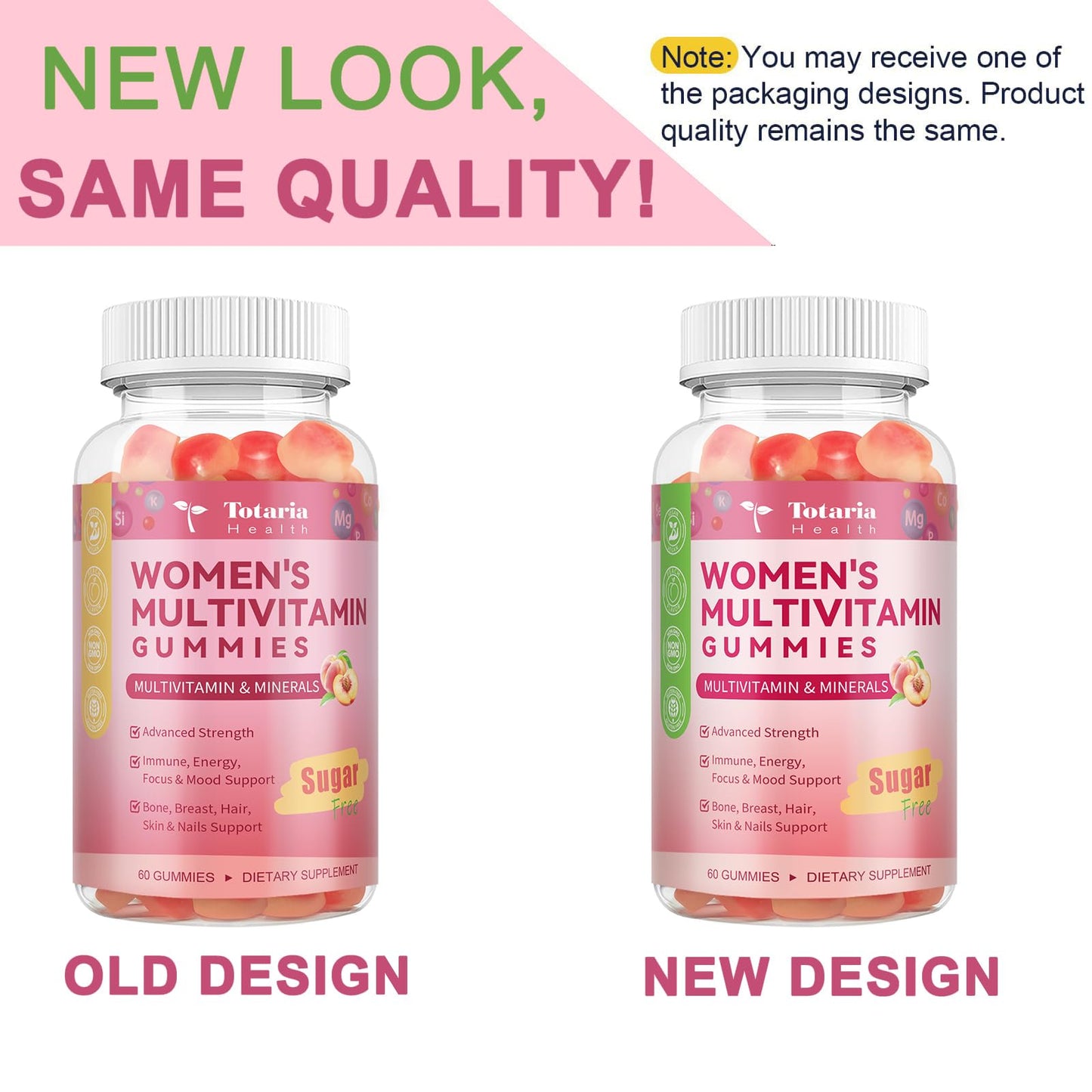 Totaria Sugar Free Multivitamin Gummies for Women 14+ with Iron, Inositol, Folate, Biotin, Vitamins A, C, B, D3, K2, Peach Flavor - 60 Gummies