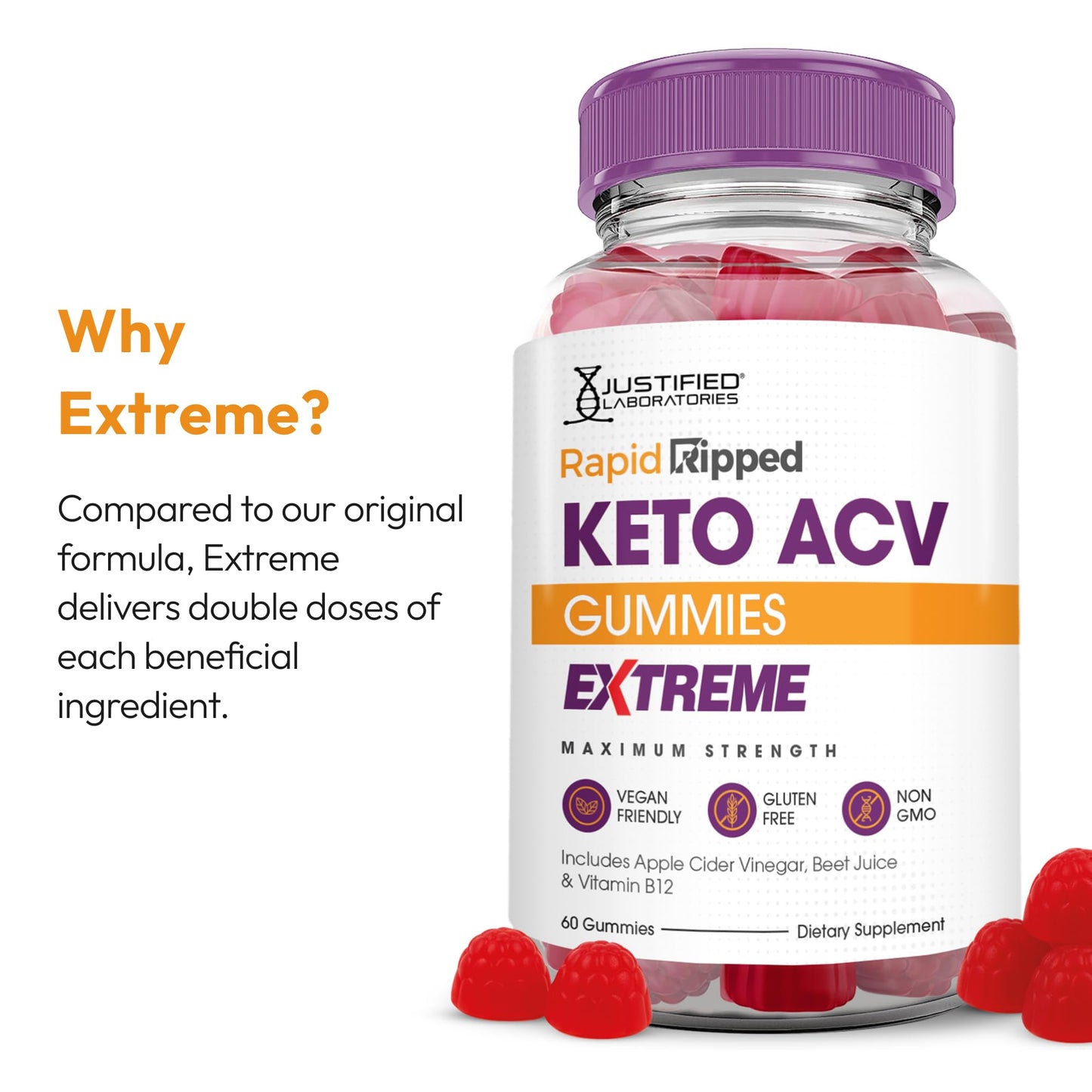 Justified Laboratories Rapid Ripped Keto ACV Gummies Extreme (2000 mg) - 120 Gummies