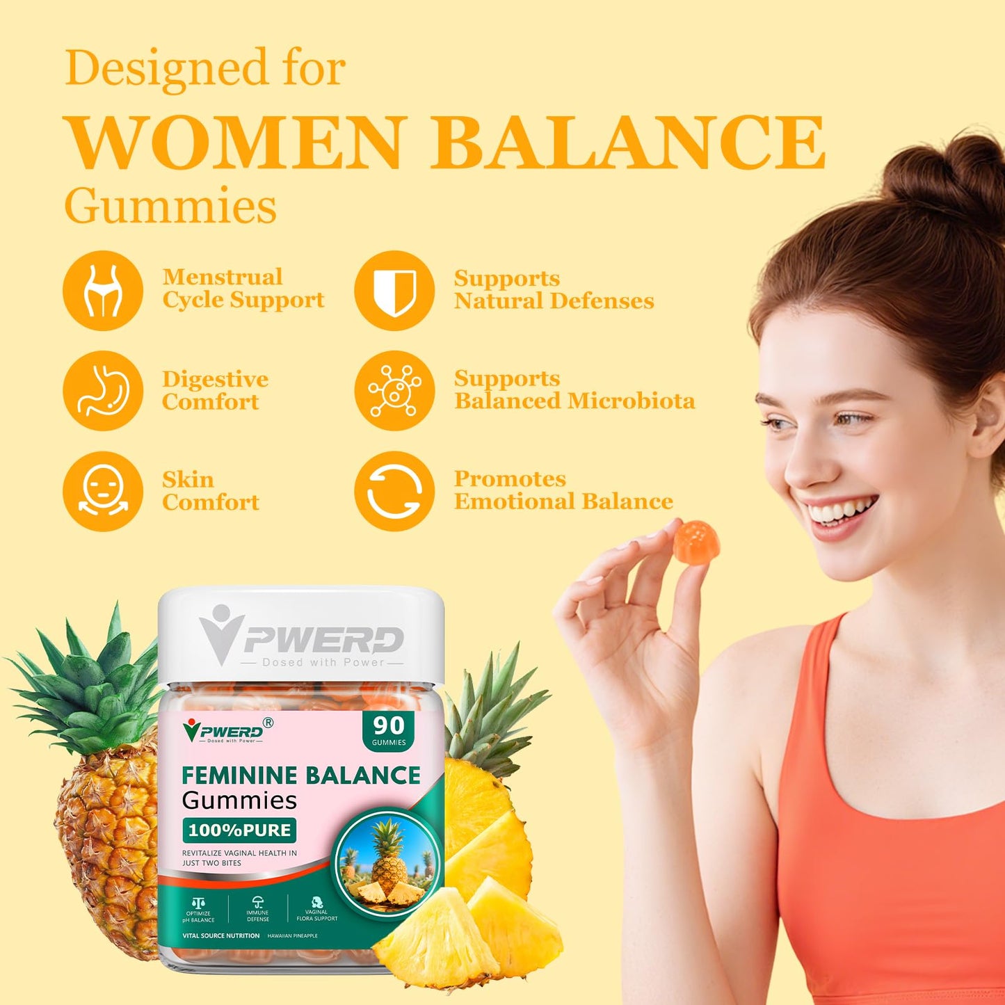 PWERD Feminine Balance Pineapple Vaginal Probiotics Gummies for Women, 180 Count
