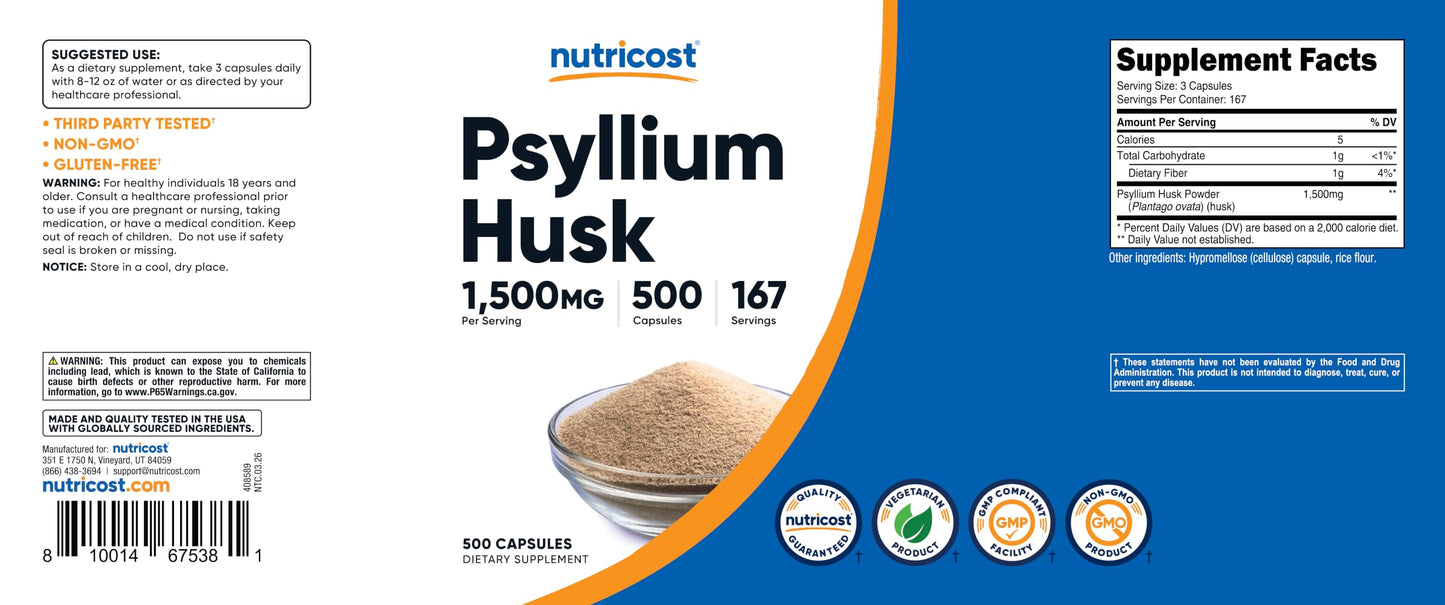 Nutricost Psyllium Husk 1500mg Capsule, 500 Count