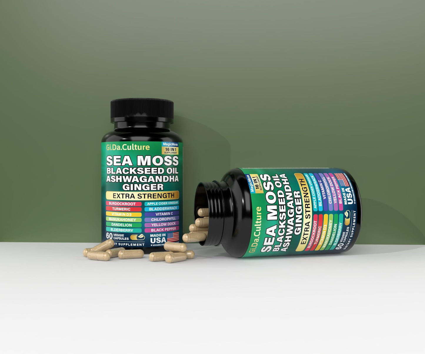 Gi.Da.Culture Organic Sea Moss Capsules - Organic Irish Sea Moss Black Seed Oil Ashwagandha Ginger Burdock Root Bladderwrack Turmeric Black Pepper Vitamin C, D3, 60 Veggie Capsules