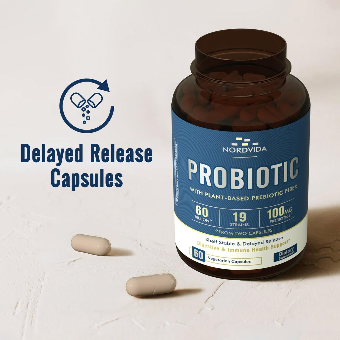 Nordvida Probiotic 60 Billion 19 Strains with Organic Prebiotic for Men & Women, Digestive & Immune Health, Non-GMO, No Dairy, Shelf Stable, Delayed Release, 60 Capsules