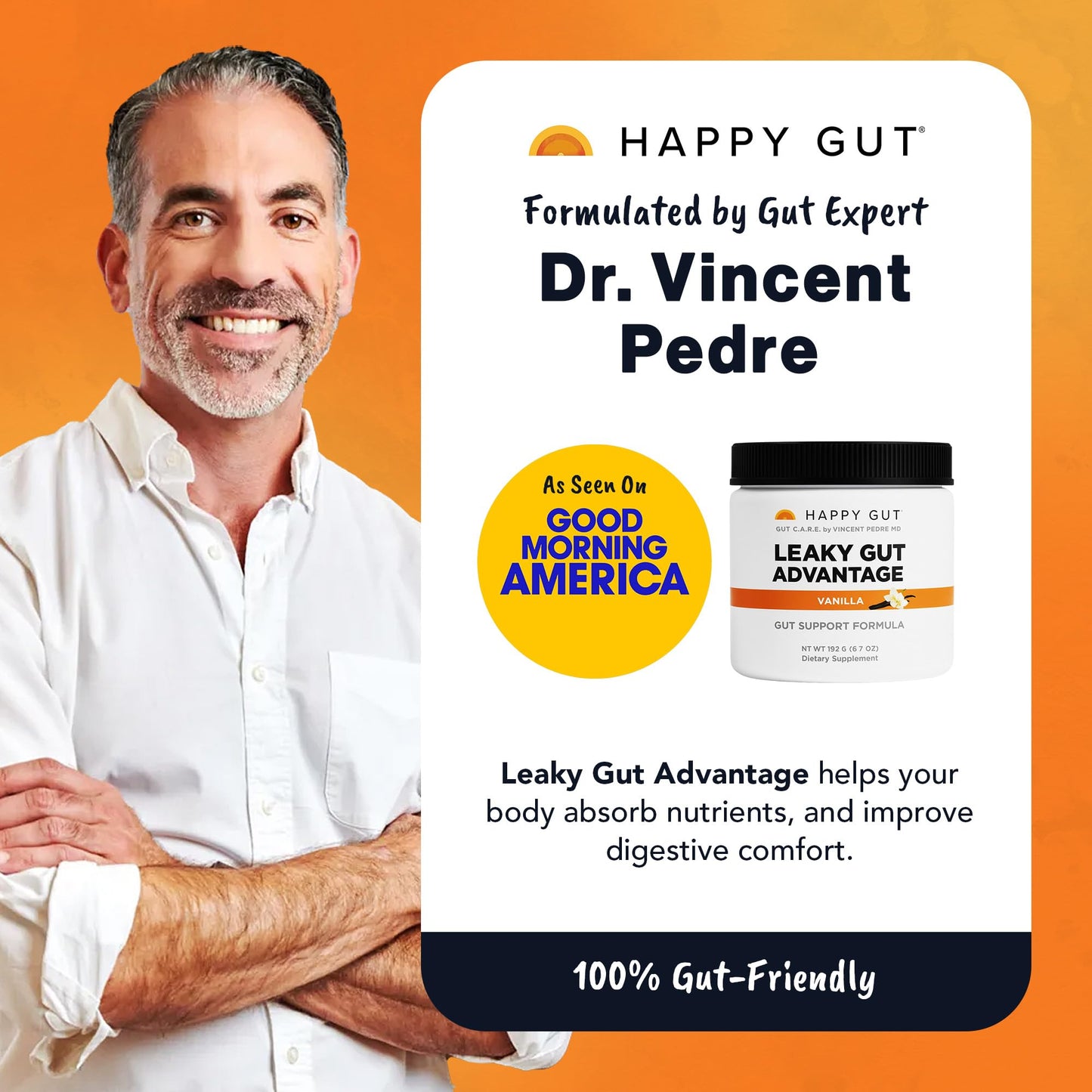 HAPPY GUT Leaky Gut Advantage L-Glutamine & DGL Vanilla Powder, 8 oz