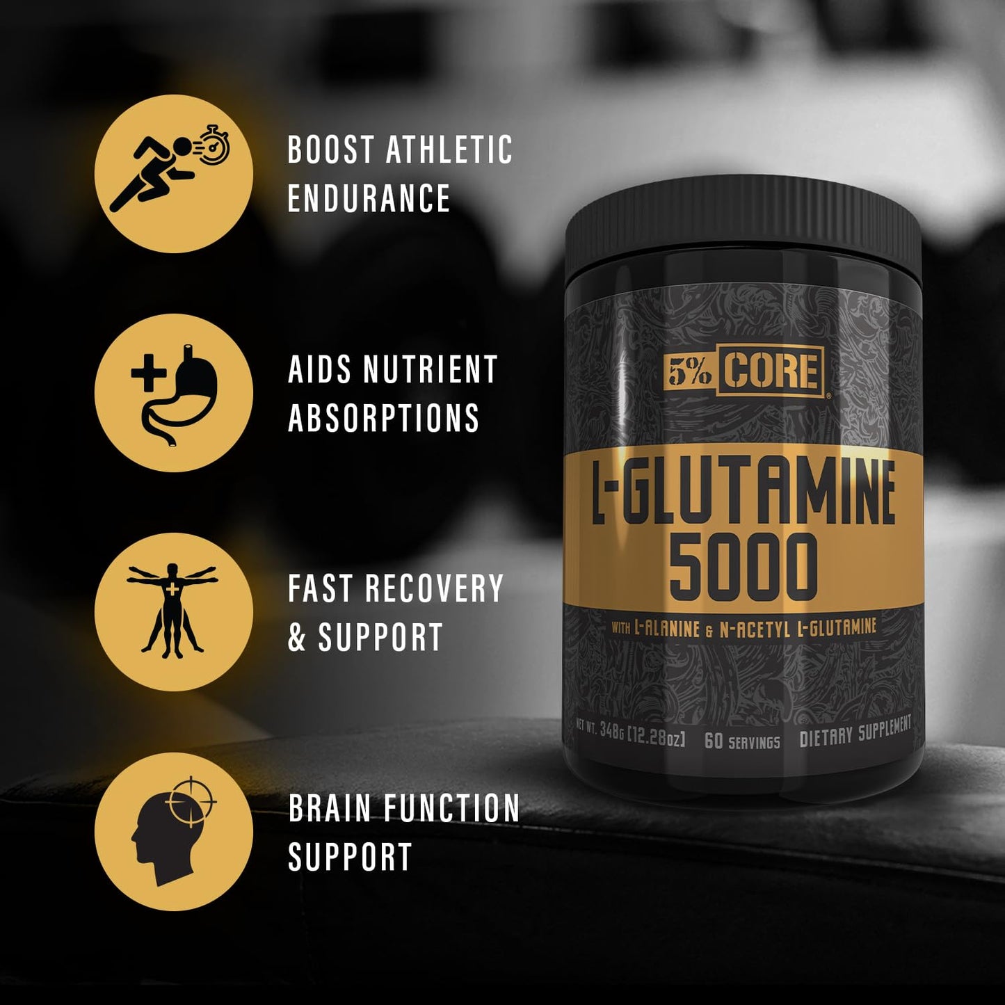 5% Nutrition Core L-Glutamine 5000 Supplement w/L-Alanine Powder, 12.28 Ounce