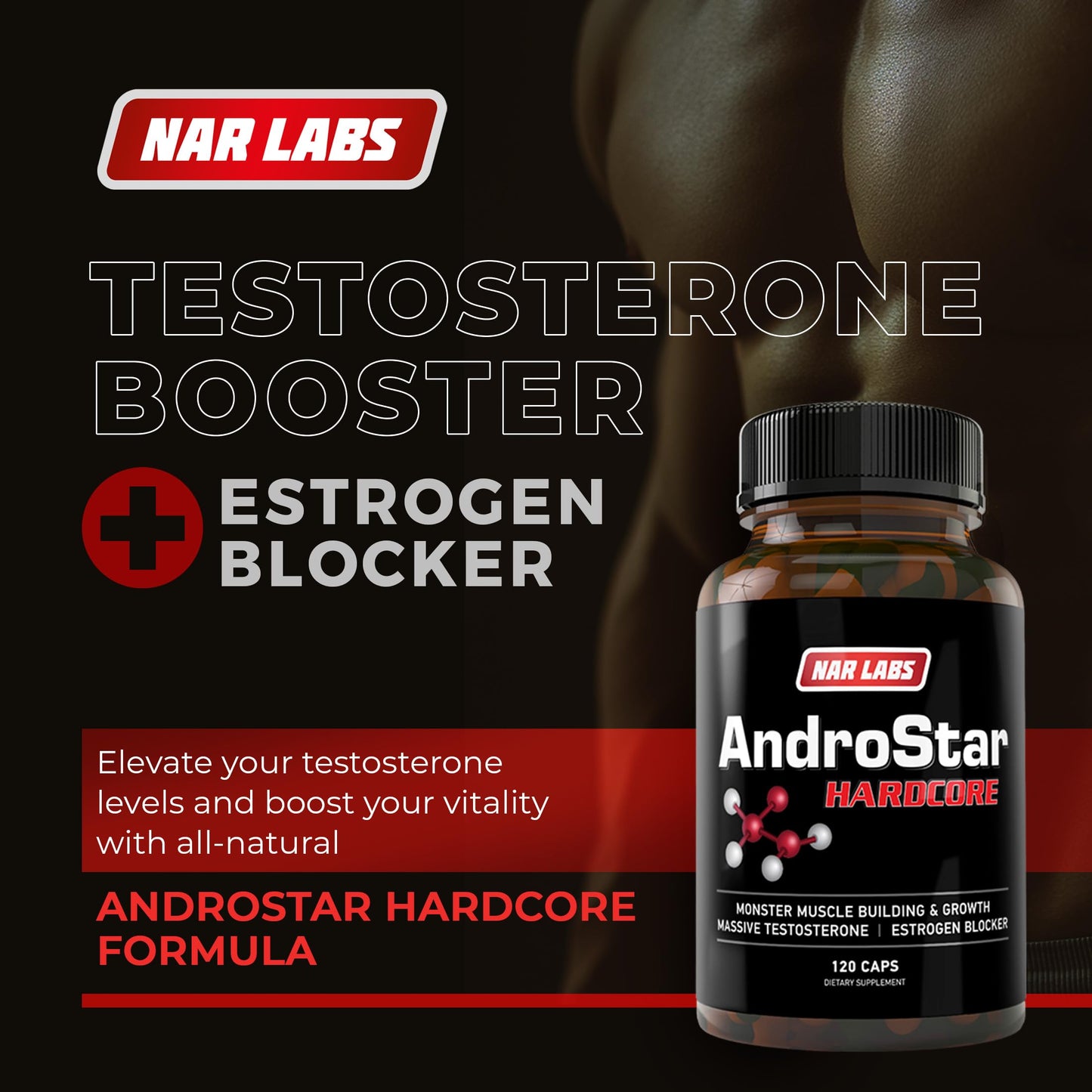 NAR LABS AndroStar Hardcore Natural Testosterone Booster with Estrogen Blocker for Men, 120 Capsules