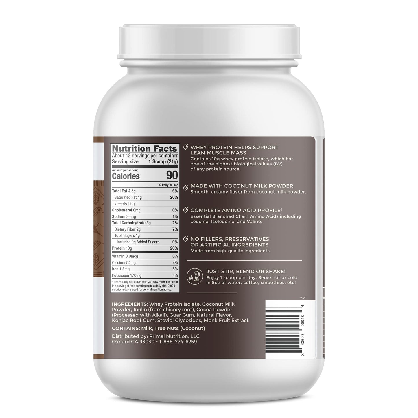 Primal Kitchen Primal Fuel Chocolate Coconut Whey Protein Powder, 1.94 Pound