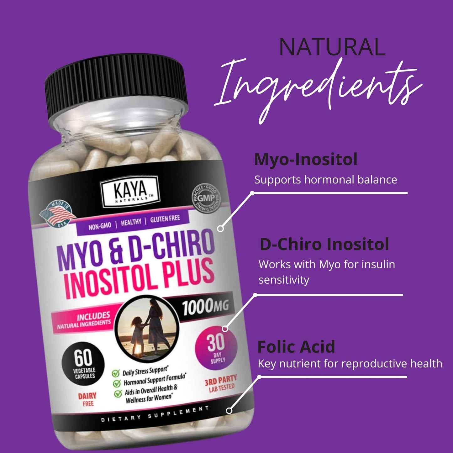 Kaya Naturals Myo & D-Chiro Inositol Plus Support for Women Vitamin B8 60 Capsules