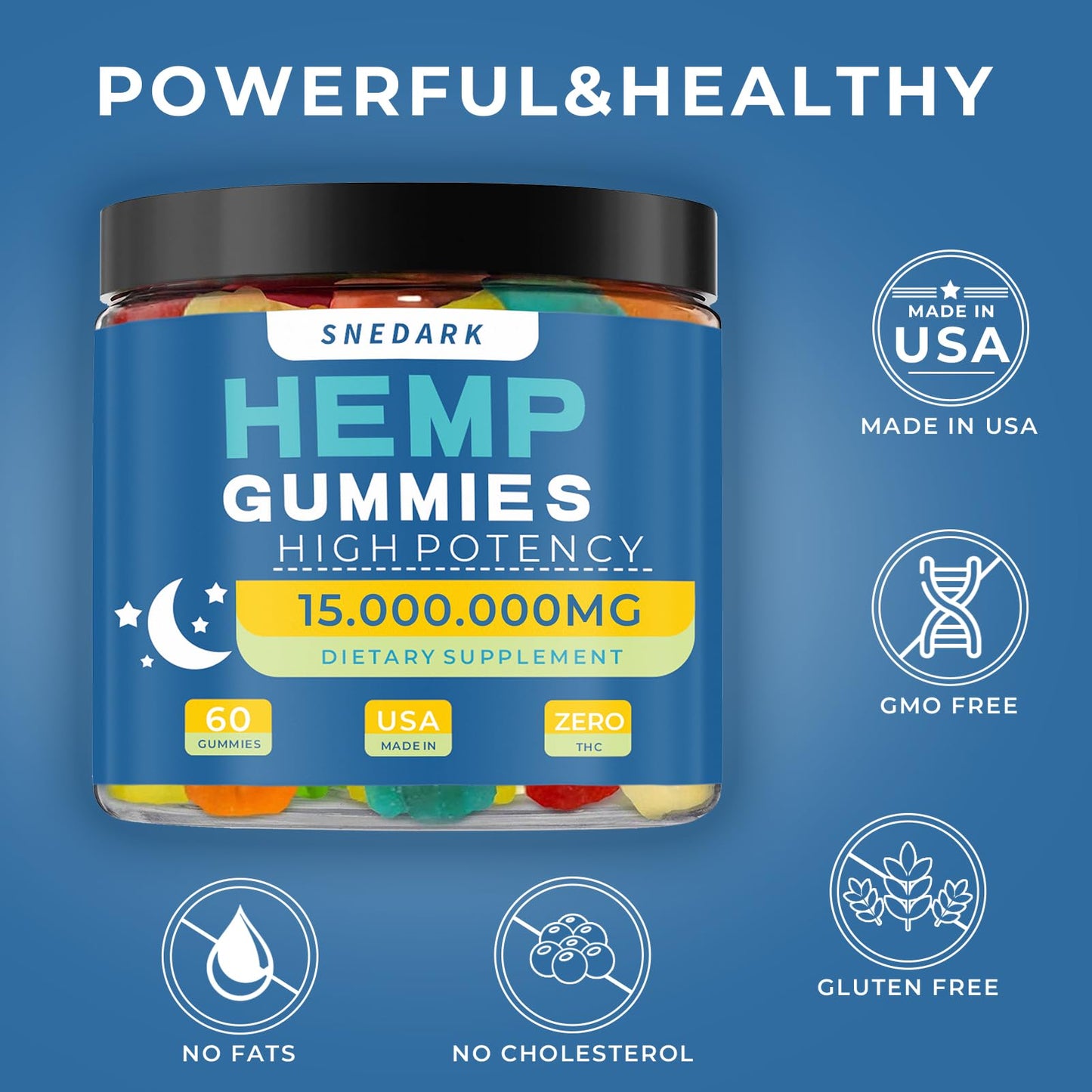 SNEDARK Hemp Gummies Advanced Extra Strength - High Potency Natural Hemp Oil Extract, Great for Peace & Relaxation, Naturals Fruit Flavors - Made in USA, 60 Gummies