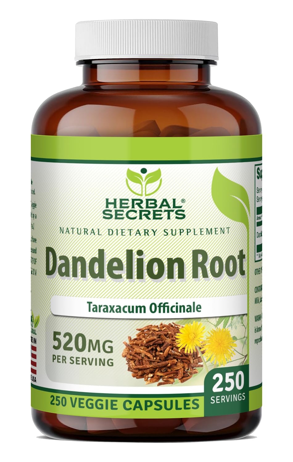 Herbal Secrets Dandelion Root 520 mg Veggie Capsules Supplement 1 Count