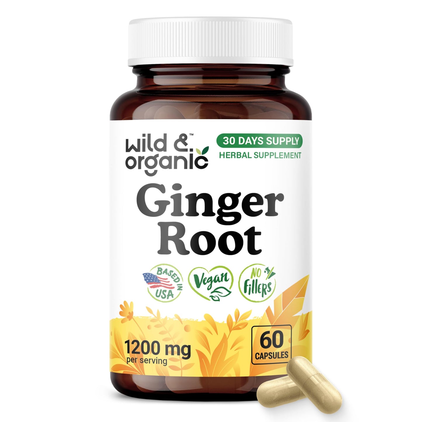 Wild & Organic Ginger Root Capsules 1200 mg, 60 Count