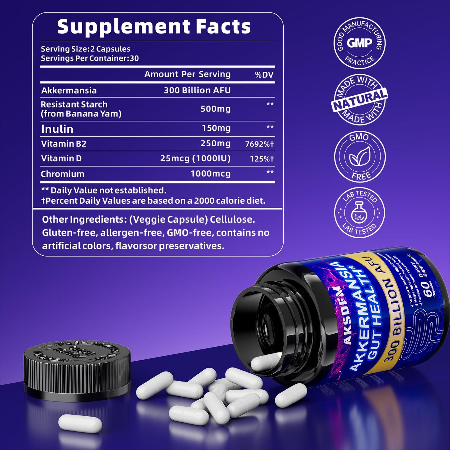 AKSDFM GLP-1 Supplement - 300 Billion AFU Akkermansia Probiotic for GLP-1 Production, Akkermansia Muciniphila, Capsule, 60 Count