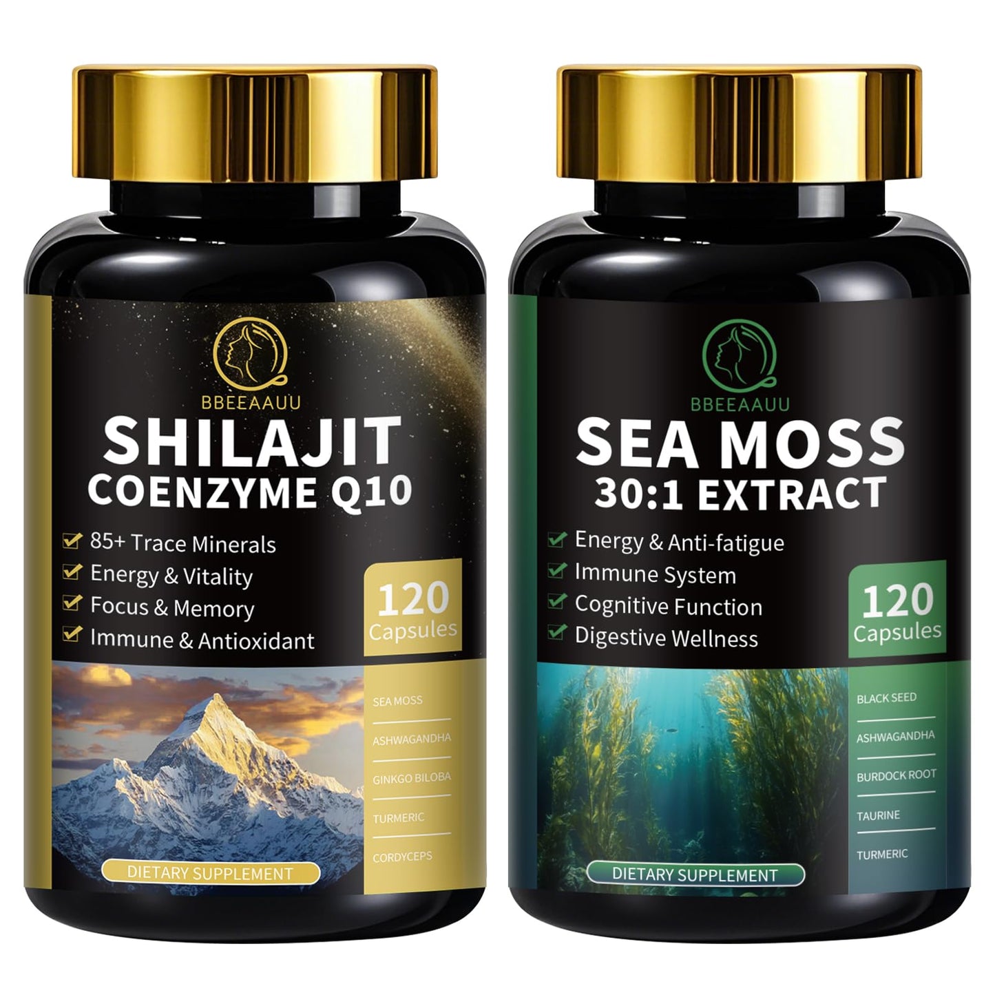 BBEEAAUU Shilajit for Men, Sea Moss and Shilajit Bundle All in 1 Supplements with Coenzyme Q10, Black Seed, Ashwagandha, Taurine, Burdock for Energy, Endurance, Antioxidant & Immune Support, 240 Capsules