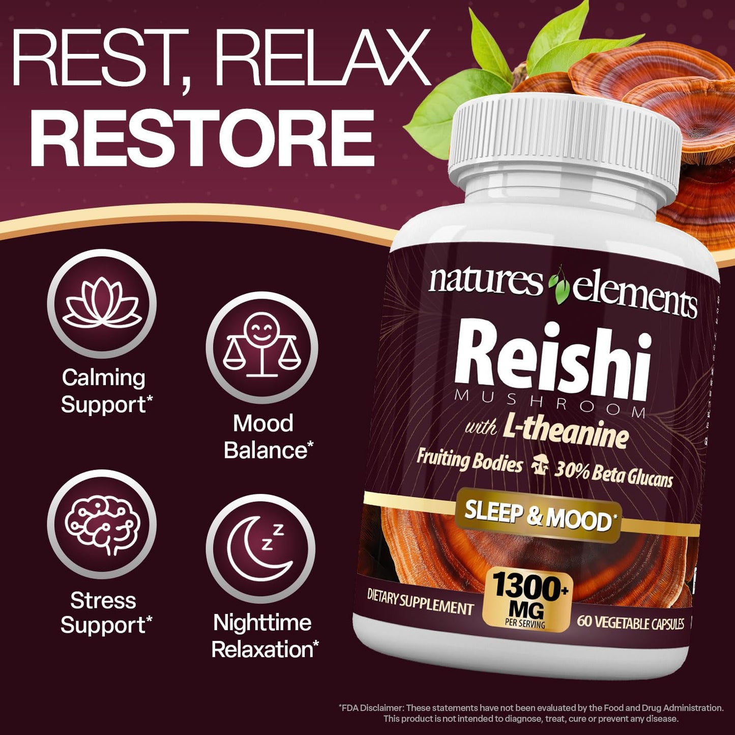 Natures Elements Reishi Mushroom Supplement Capsule 60 Count