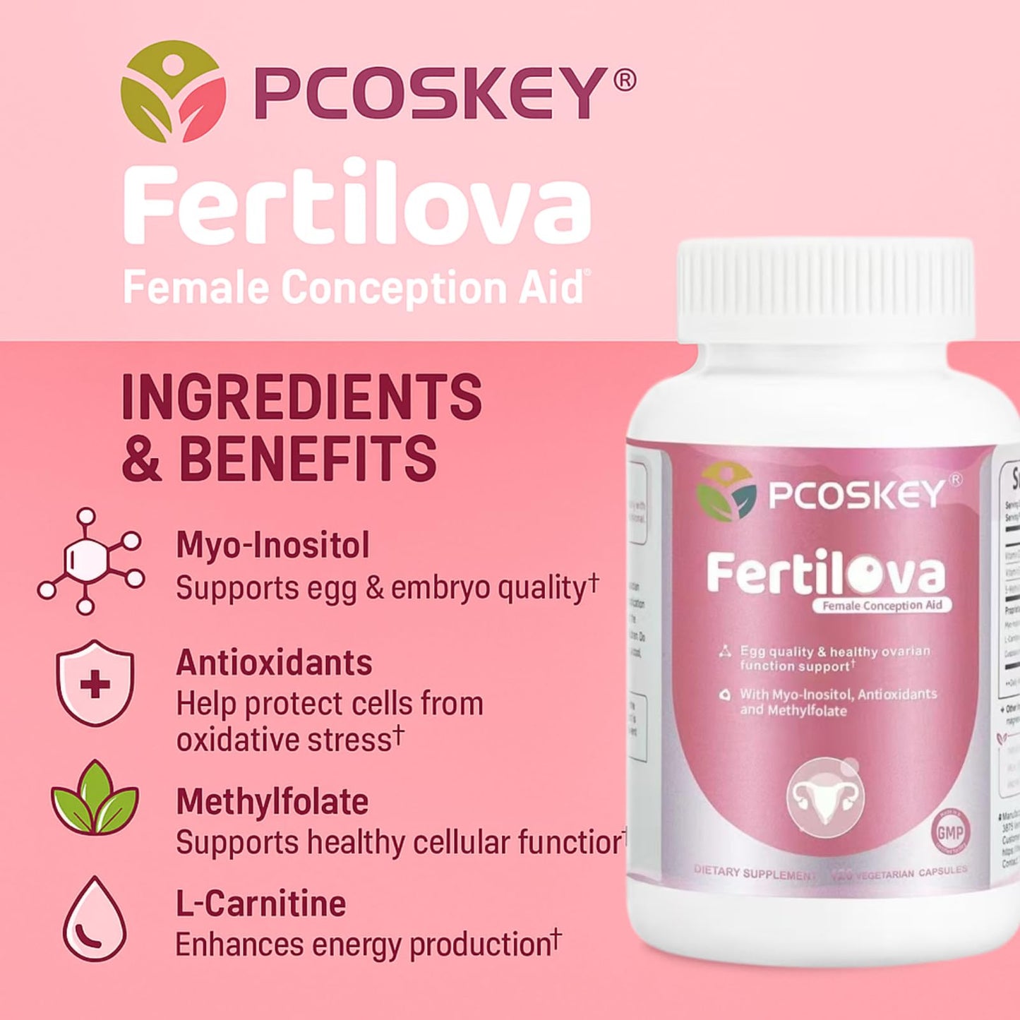 pcoskey Fertilova Women’s Reproductive Health Support Supplement – Myo-Inositol, Methylfolate, CoQ10 & Antioxidants – Cellular Health & Energy Support Capsule 120