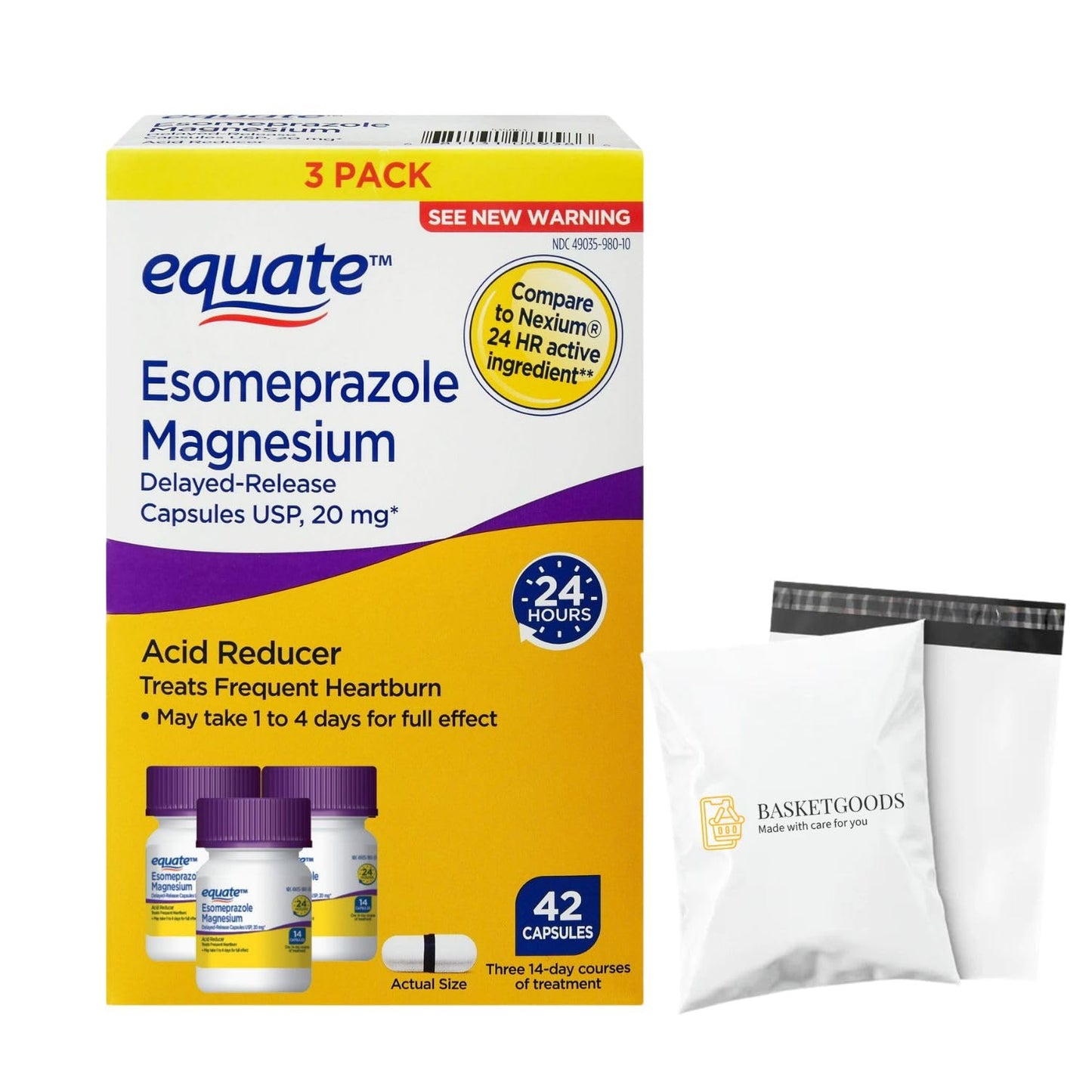 BasketGoods Equate Acid Reducer Esomeprazole Magnesium 20mg Delayed-Release Capsules, 42 Capsules