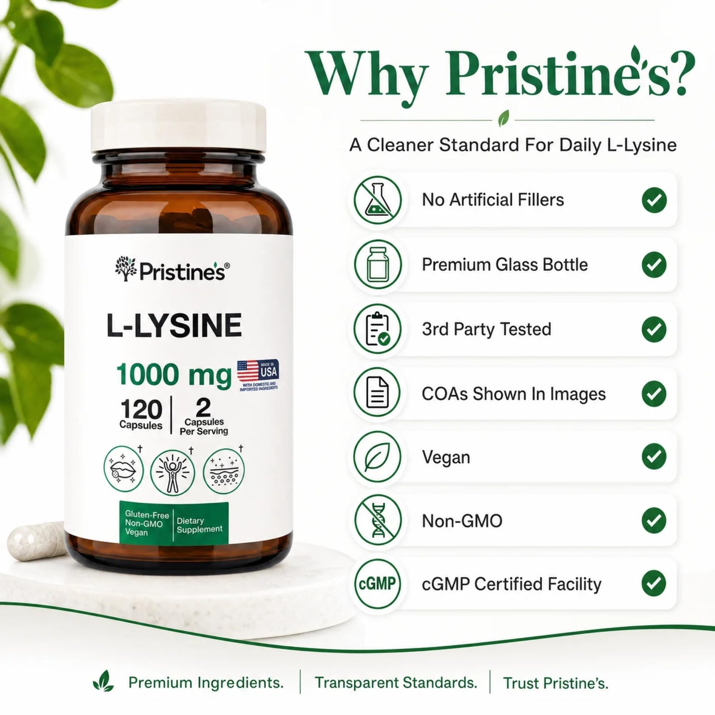 PRISTINE'S L-Lysine 1000mg 60 Capsules