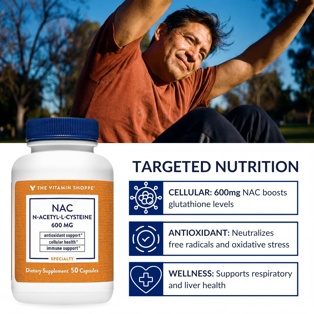The Vitamin Shoppe NAC Supplement 600mg N-Acetyl L-Cysteine Capsules, 50 Count