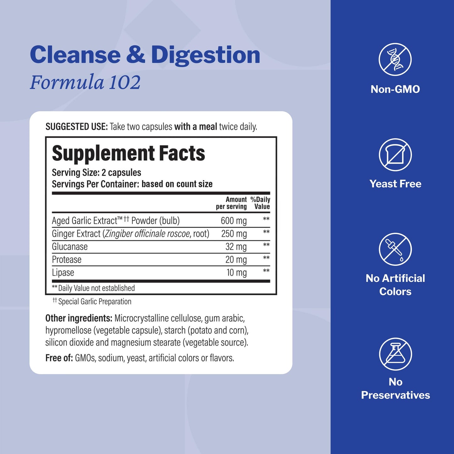 Kyolic Aged Garlic Extract Formula 102 - Cleanse & Digestion - Supports GI Cleansing & Healthy Intestinal Function* - Ginger, Glucanase, Lipase & Protease Capsules, 100 Count