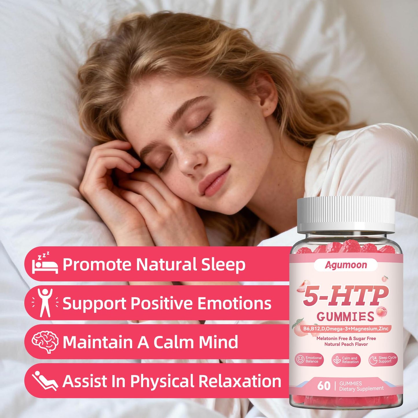 Agumoon 5-HTP Gummies with Vitamin D3, B6, B12, Zinc, Omega-3, Magnesium Glycinate, 60 Gummies