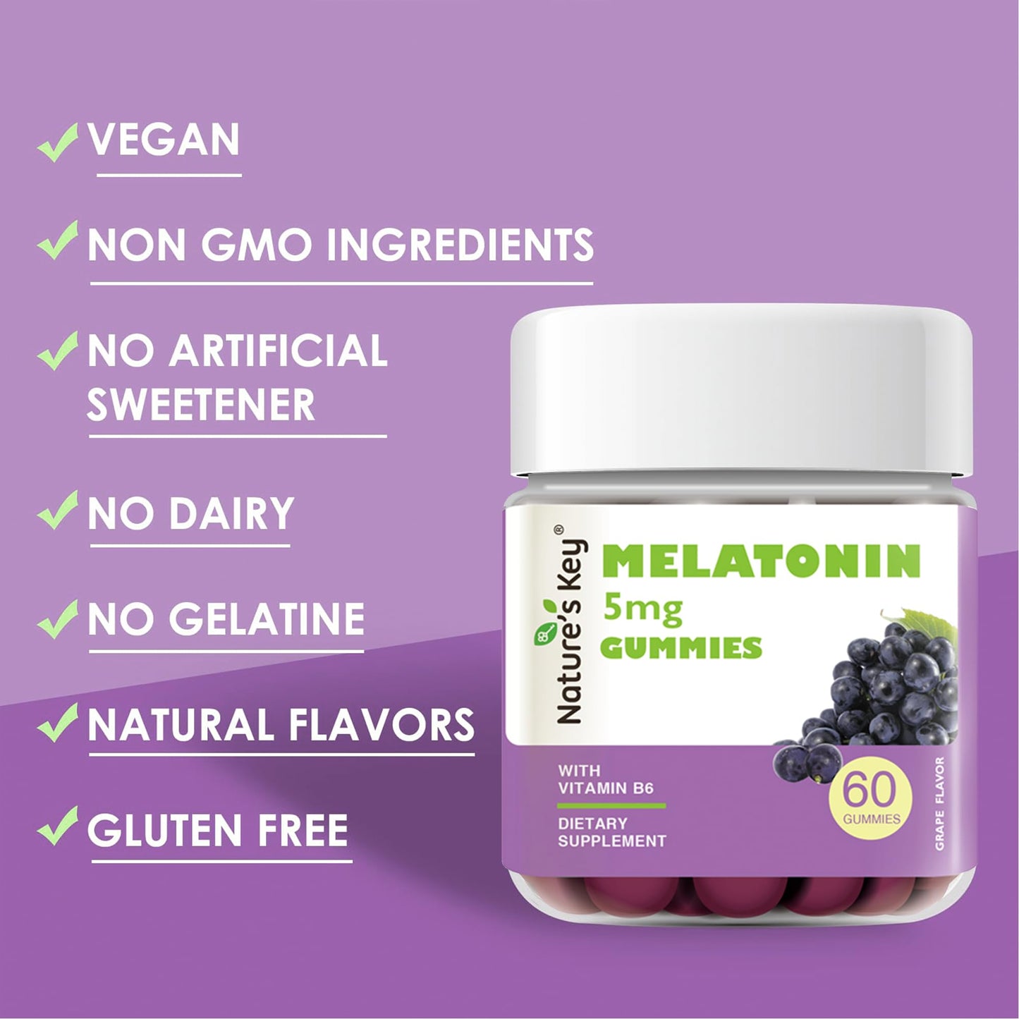 Nature's Key Melatonin Gummies 5mg with Vitamin B6, Sleep Support, 60 Count