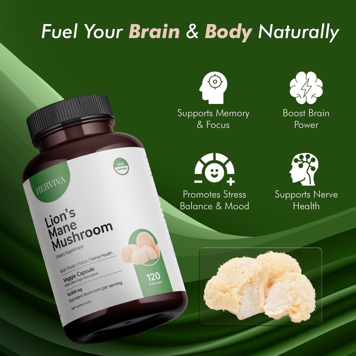 HERVIVA Lions Mane Mushroom Supplement 120 Capsules
