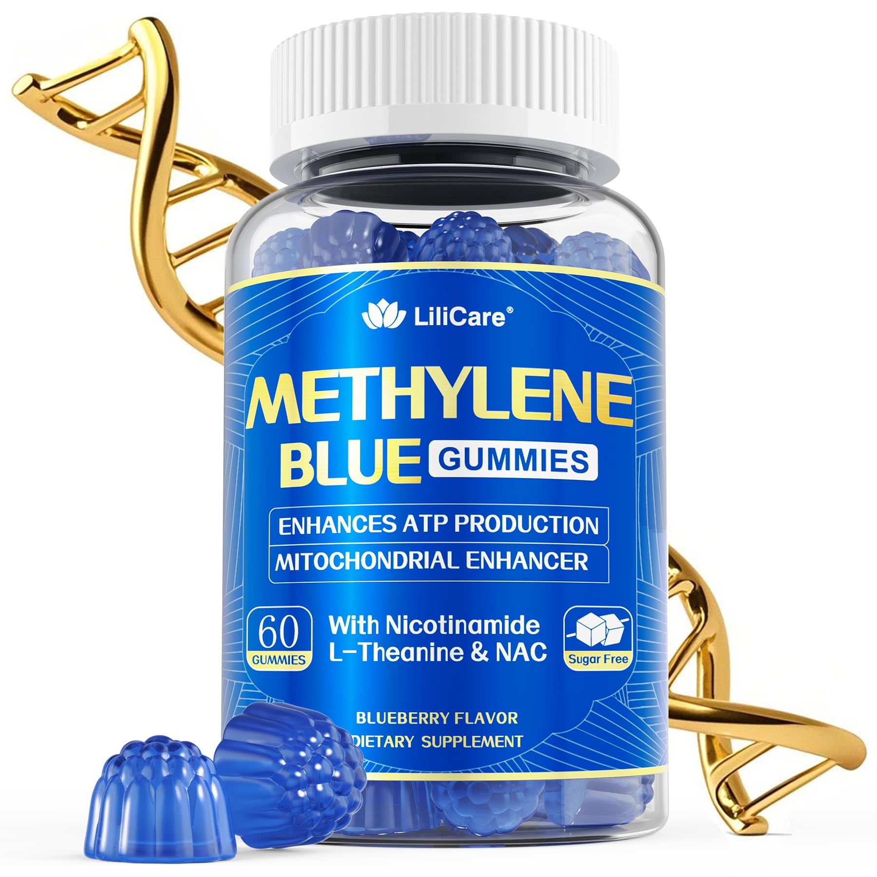 LILICARE Men's Methylene Blue Gummies 7mg with NAC, Vitamin B3 & L-Theanine, Brain & Mitochondrial Support, Sugar Free, 60 Gummies