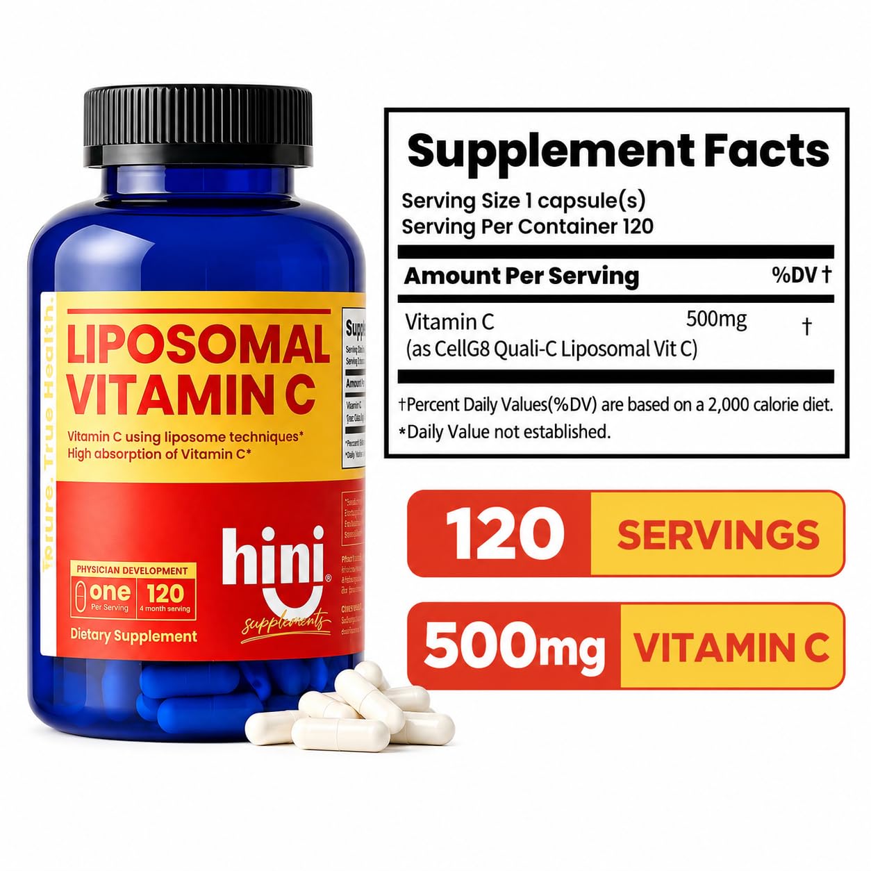 HINI Liposomal Vitamin C 500mg Tablet, 120 Count