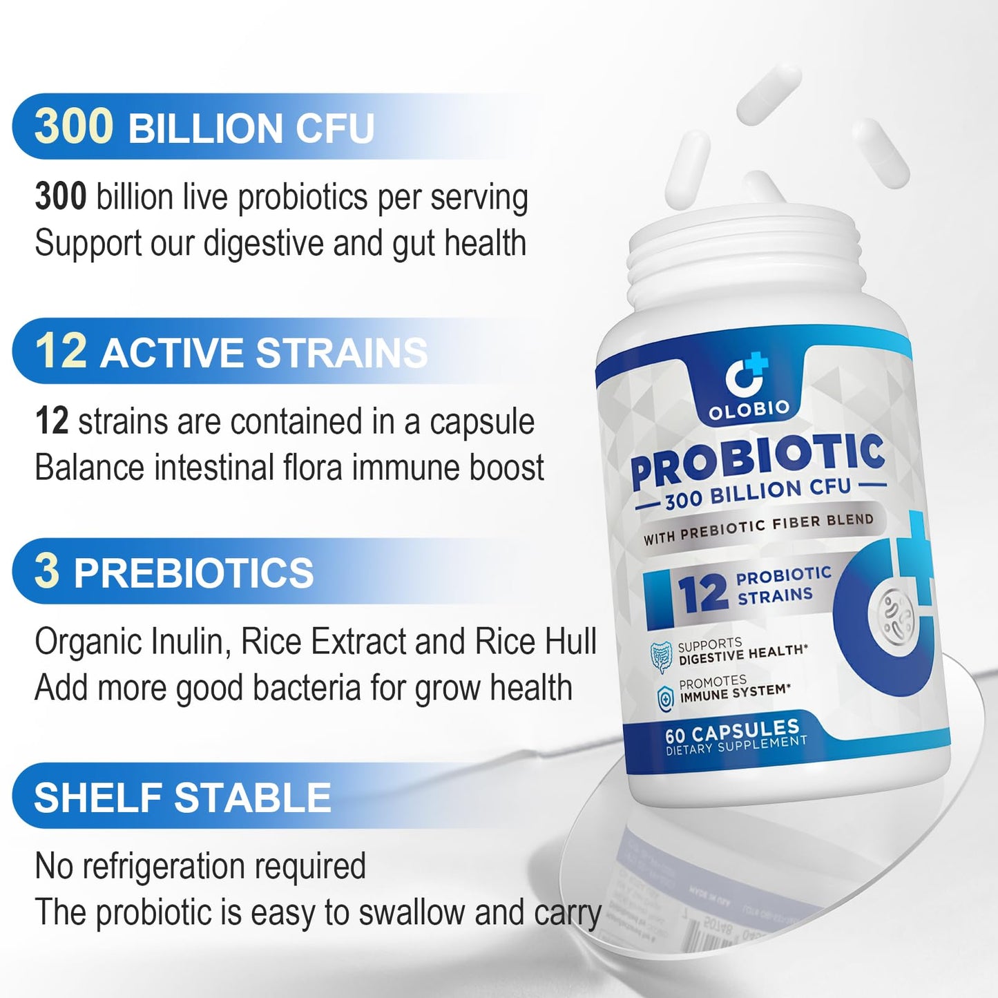 OLOBIO Probiotic 300 Billion CFU with 12 Strains and 3 Organic Prebiotics Capsules, 60 Count