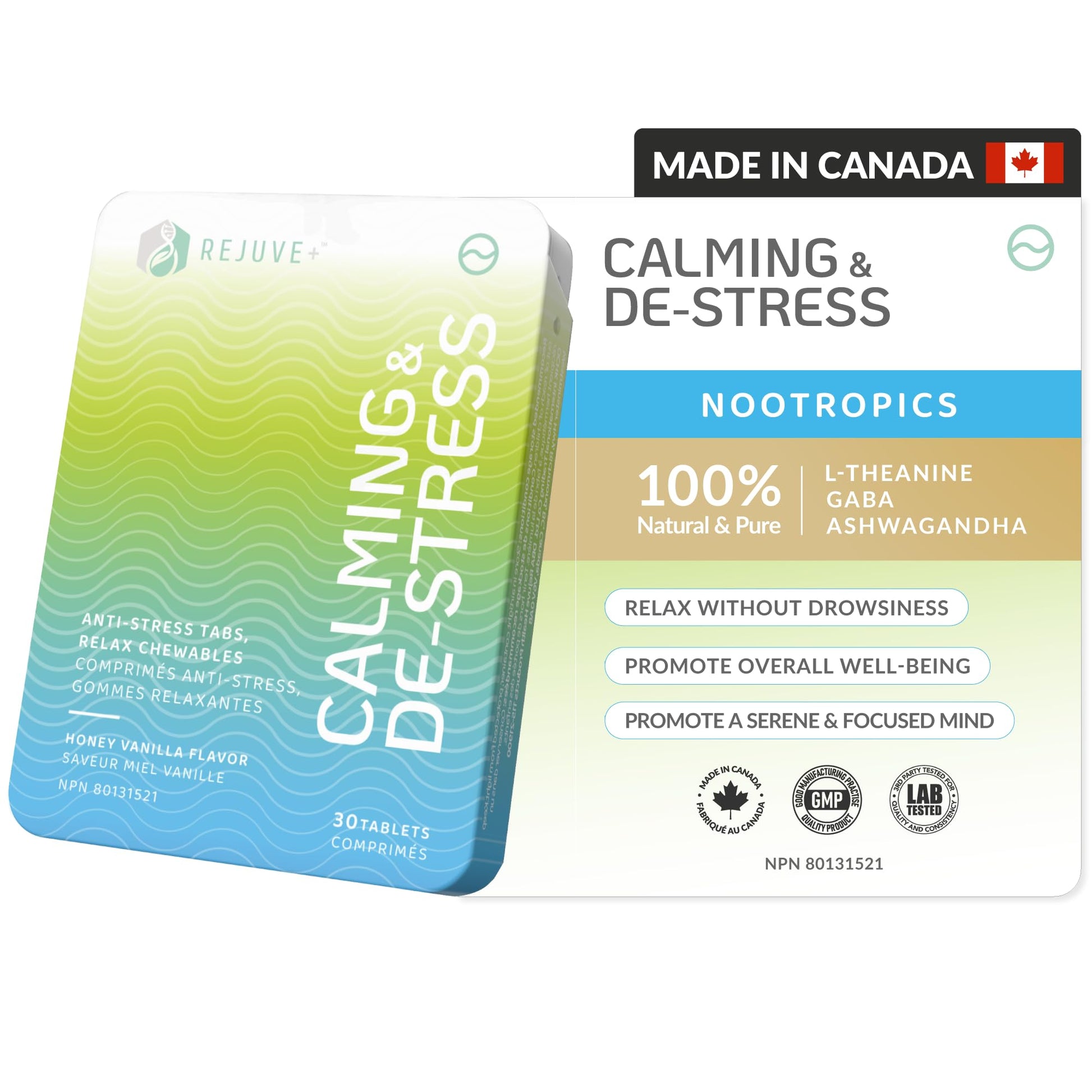 REJUVE+ Calm & Destress Nootropic Supplement – Brain Boost Chewable 30
