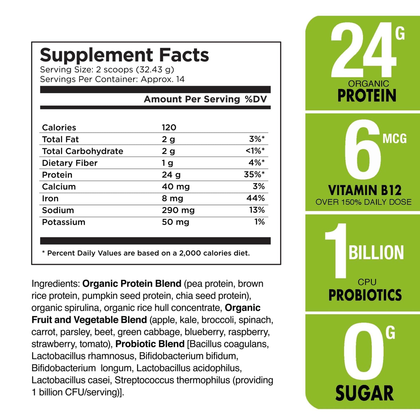 Plantvital Unflavored Organic Vegan Protein Powder 16 oz (Pack of 2)