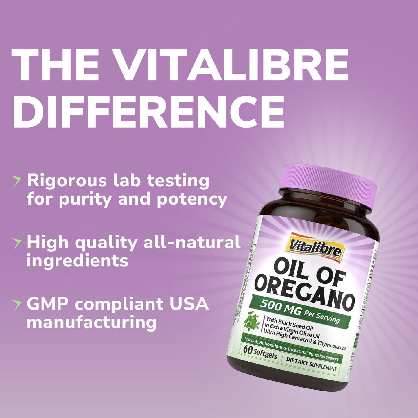 Vitalibre Oil of Oregano 500mg with Black Seed Oil, Wild Harvested, Contains Carvacrol, Non-GMO, Herbal Extract Supplement for Immune Support, 60 Softgels