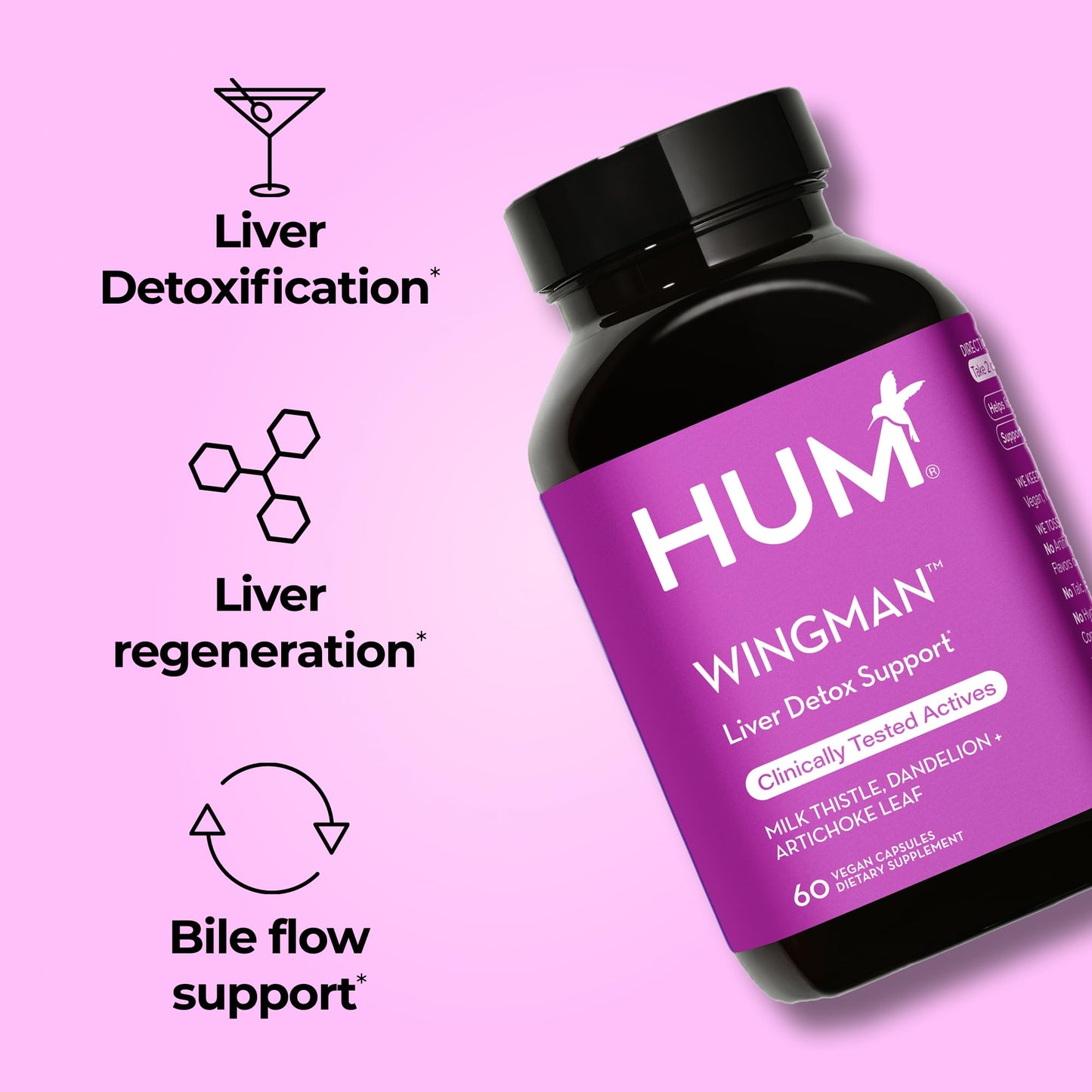HUM Wing Man Liver Support Supplement Milk Thistle Dandelion Root Capsule, 60 Capsules