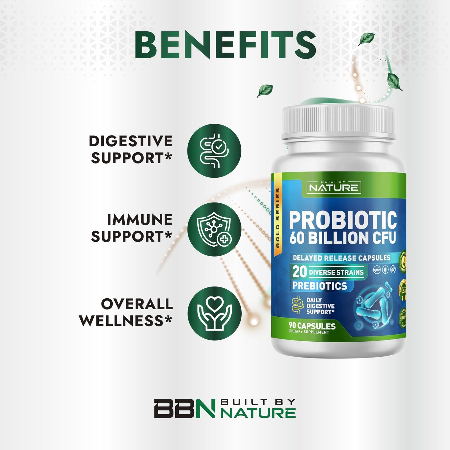 Built by Nature Probiotic 60 Billion CFU – 20 Strains + Prebiotics – Immune & Digestive Support – for Women & Men – Delayed Release Capsules, Shelf Stable – 3 Month Supply – 90 Capsules