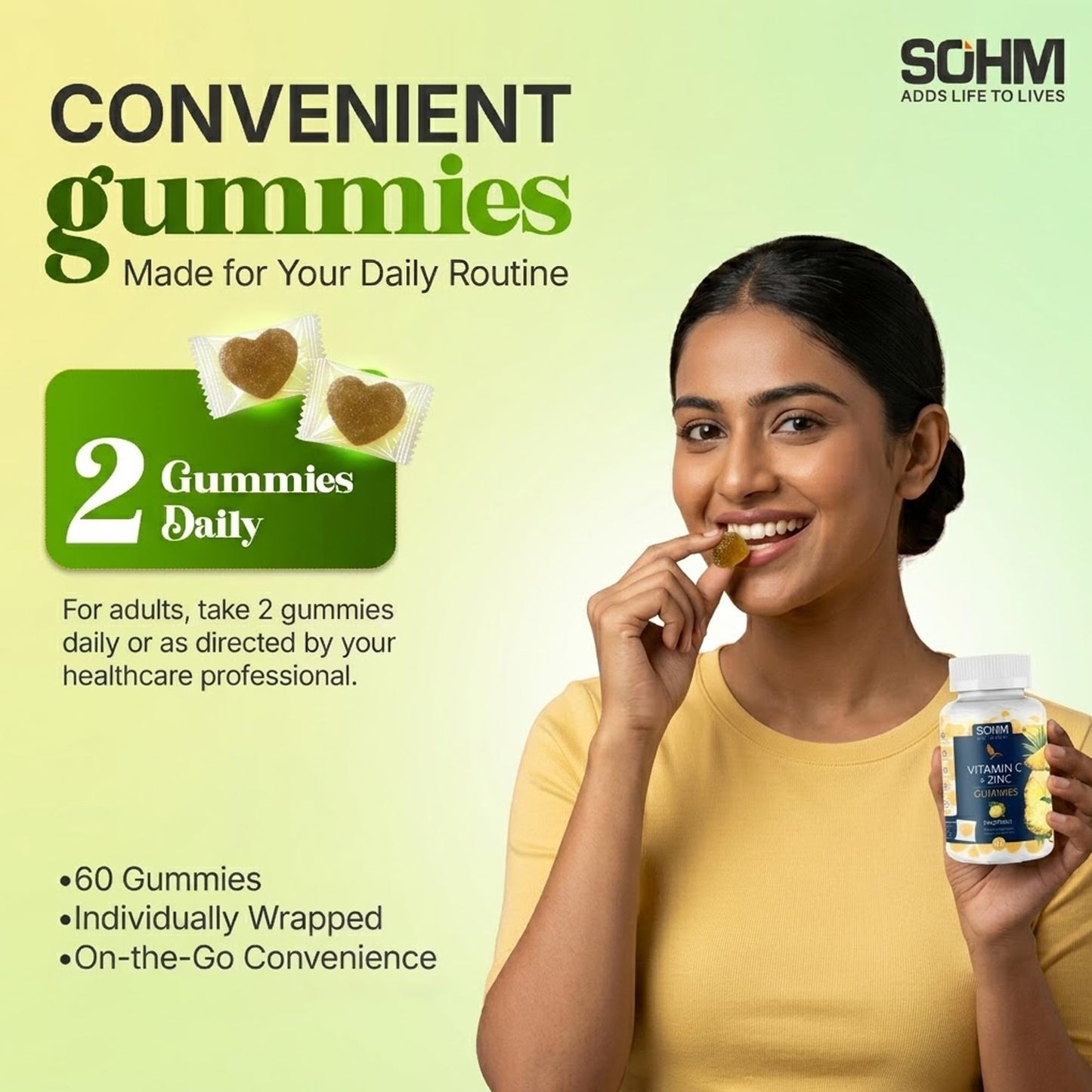 SOHM ADDS LIFE TO LIVES Vitamin C 60000 mcg + Zinc 15000 mcg Gummies for Adults, 60 Count