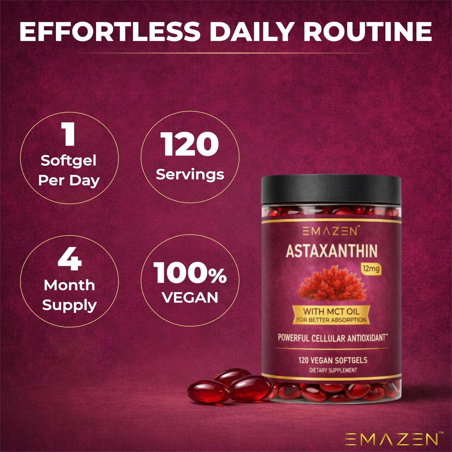 EMAZEN Astaxanthin 12mg MCT Coconut Oil 120 Softgels