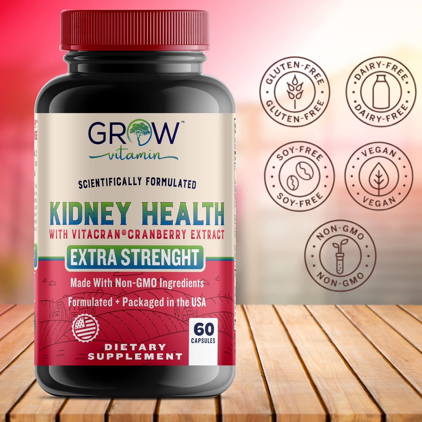 Grow Vitamin Premium Kidney Cleanse Supplement – Powerful Kidney Support Formula with Cranberry Extract Helps Support Healthy Kidneys & Urinary Tract Support, 60 Capsules
